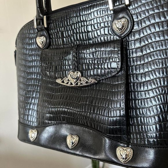 1990s Vintage M.C. Leather Croc Handbag with Silver Heart Accents - Picture 3 of 4